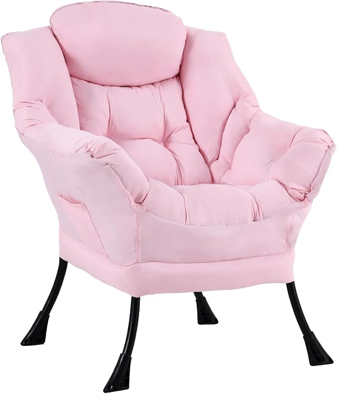 Furlide Lazy Chair for Living Room, Modern Accent Chairs with Armrests, Pink Armchairs with Side Pocket, Cozy Lazy Sofa for Reading, Balcony, Bedroom, Dorm, Small Spaces