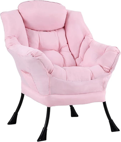 Furlide Lazy Chair for Living Room, Modern Accent Chairs with Armrests, Pink Armchairs with Side Pocket, Cozy Lazy Sofa for Reading, Balcony, Bedroom, Dorm, Small Spaces