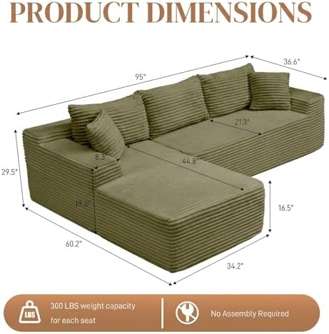 95" L Shaped Cloud Boneless Sectional Couches for Living Room, Modern Comfy Modular Deep Seat Memory Foam Compressed Corduroy Sofa Oversized Left Facing Chaise, No Assembly Required, Green
