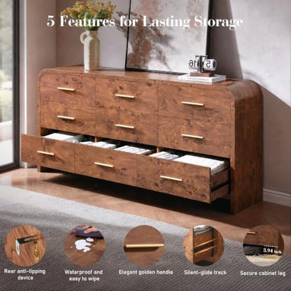 3-Piece Bedroom Set, Curved 9-Drawer Dresser&2-Drawer Nightstands