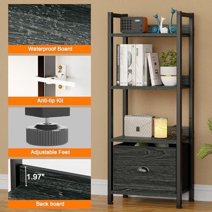 Furologee 4 Tier Bookshelf with Drawer, Small Narrow Bookcase, Black Oak