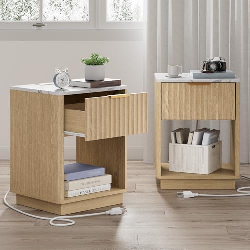 Fluted Nightstands Set of 2 with Charging Station, 18" W Night Stand with Faux Marble Top and Curved Corners, FSC-Certified Wood, Modern End Table, Bedside Table for Bedroom, Natural Oak
