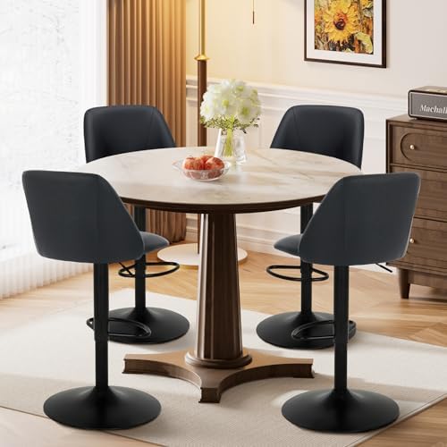 COLAMY Bar Stools Set of 3, Modern Swivel Bar Chairs, Adjustable PU Leather Upholstered Barstools Counter Height with Full Backrest for Bar, Dining Room, Kitchen Island, Black