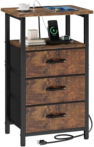 Nightstand with Charging Station, Bedside Table with USB Ports and Outlet, End Table Side Table with 3 Fabric Drawers and Storage Shelf, Bed Side Table Night Stand for Bedroom, Rustic Brown