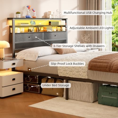 Queen Bed Frame with Storage Headboard and 4 Drawers, LED Lights