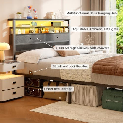 Queen Bed Frame with Storage Headboard and 4 Drawers, LED Lights