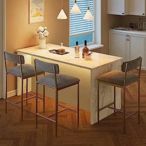 Elegant Bar Stools Set of 2 – Gold & Velvet Gray Upholstered Chairs with Backrest and Footrest – 25.5" Counter Height – Metal Frame – Ideal for Kitchen Island, Dining Room – Two-Pack Bar Chairs