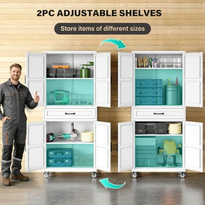 SISESOL White Metal Storage Cabinet with Wheels and Drawer,Rolling Garage Cabinet with Doors and Adjustable Shelves,73" Mobile Tall Large Metal Cabinets for Home,Office,Garage,Shop