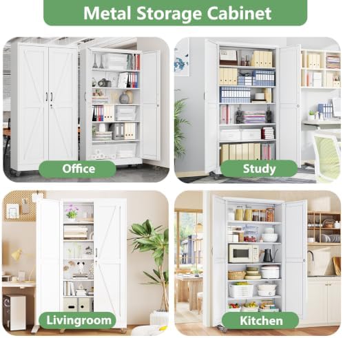 Ckzbx Metal Garage Storage Cabinet with Locking Doors and Adjustable Shelves,73.62" H Rolling Tool Storaget with Wheels for Garage,Office (White)