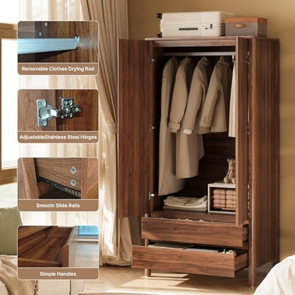MAISONARIA Wardrobe with 2 Doors and 2 Drawers, 70.9”H Modern Walnut Bedroom Armoire Closet with Hidden Handles, Freestanding Wooden Storage Cabinet for Clothes and Essentials