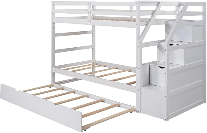MERITLINE Twin Over Twin Bunk Beds with Trundle and Storage Box, Solid Wood Bunk Bed with Stairs and Storage Case for Teens Adults (White + Solid Wood)
