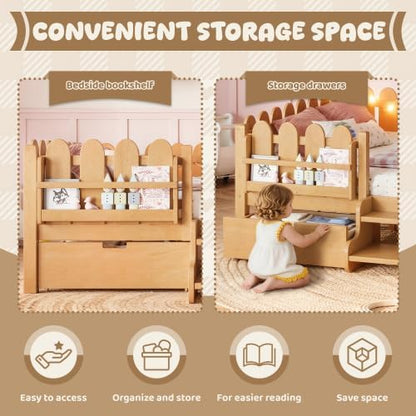 Bellemave Queen Size Platform Bed with Storage Drawers & Bookshelf for Boys Girls, Kids Queen Bed Frame with LED Lights & Stairs for Children's Room, Natural