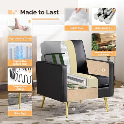 VINGLI Faux Leather Accent Chair, Modern Armchair with Gold Legs Easy Clean
