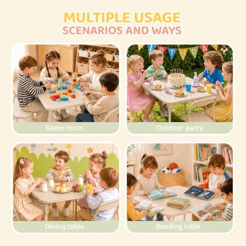 JOYMOR Kids Folding Table and Chairs Set, 5-Piece Metal Frame Activity Set with Easy-Fold Design for Playroom & Classroom, Beige
