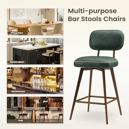 MALOL 26“ Mid Century Leather Swivel Bar Stools Set of 3, Green