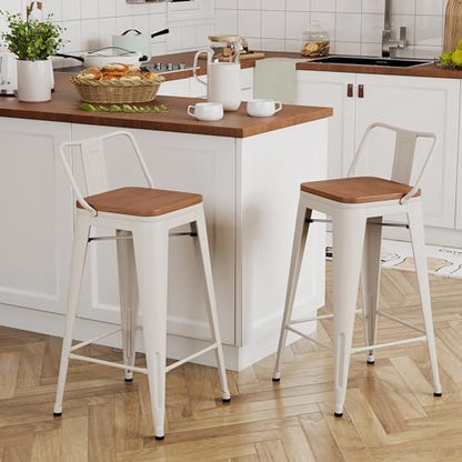 Yongchuang 30 inch Bar Stools Set of 2 Kitchen Bar Height Chairs with Wood Seat Industrial Low Back Metal Barstools Cream White