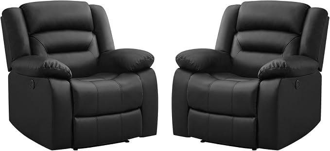 EBELLO Classic Power Recliner Chair, Faux Leather Oversized Electric Overstuffed Chair with Thicked Cushion and Back, Single Sofa with Comfortable Armchair, Black, 2Pcs