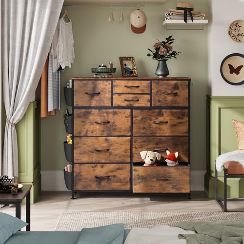 WLIVE 10 Drawer Fabric Dresser for Bedroom, Side Pocket Chest, Rustic Brown
