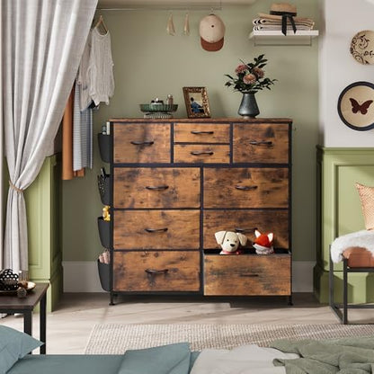 WLIVE 10 Drawer Fabric Dresser for Bedroom, Side Pocket Chest, Rustic Brown