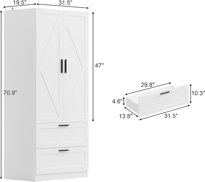 WOODTIME 70.9" Tall Armoire Wardrobe Closet with 2 Drawers, 2 Doors & Hanging Rod, 31.5" W Farmhouse Wooden Wardrobe Clothes Storage Cabinet for Bedroom Apartment, White