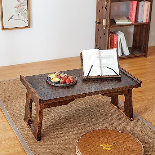 Foldable Wooden Laptop Desk, Breakfast in Bed Serving Tray, Japanese Floor Table for Tea & Coffee, Portable Antique Meditation Altar(26.8”x13.4”x11.4”)