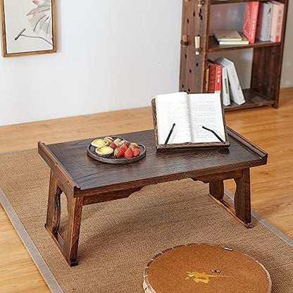 Foldable Wooden Laptop Desk, Breakfast in Bed Serving Tray, Japanese Floor Table for Tea & Coffee, Portable Antique Meditation Altar(26.8”x13.4”x11.4”)