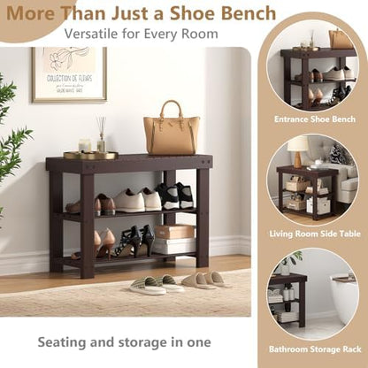 NEWBULIG Shoe Rack Bench, 3-Tier Bamboo Organizer, 11x28x18in, Dark Brown