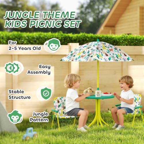 Qaba Kids Picnic Table and Chair Set Outdoor Monkey and Giraffe Green