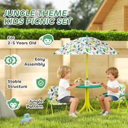 Qaba Kids Picnic Table and Chair Set Outdoor Monkey and Giraffe Green