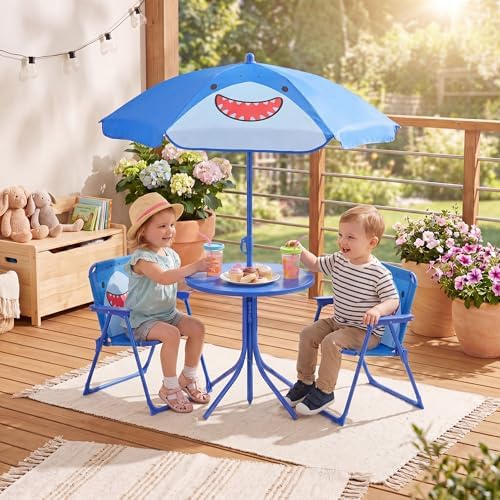HONEY JOY Kids Picnic Table, Animal Themed Toddler Outdoor Table and Chair Set, 2 Folding Chairs & Removable Umbrella, Children Outdoor Furniture for Backyard Patio Garden (Navy Shark)