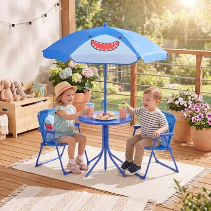 HONEY JOY Kids Picnic Table, Animal Themed Toddler Outdoor Table and Chair Set, 2 Folding Chairs & Removable Umbrella, Children Outdoor Furniture for Backyard Patio Garden (Navy Shark)