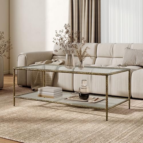 24/7 Shop at Home Lalia Modern 47-inch Metal Coffee Table with Tempered Glass Top and Shelf, Hammered Steel Frame for Living Room, Matte Gold