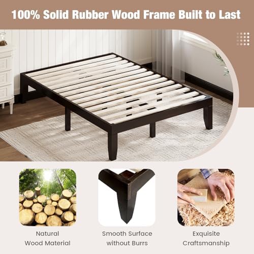 GIANTEX Full Wood Platform Bed Frame, 14 Inch Solid Rubber Wood Mattress Foundation, Heavy Duty Wooden Slats Support, No Box Spring Needed, Easy Assembly, Espresso