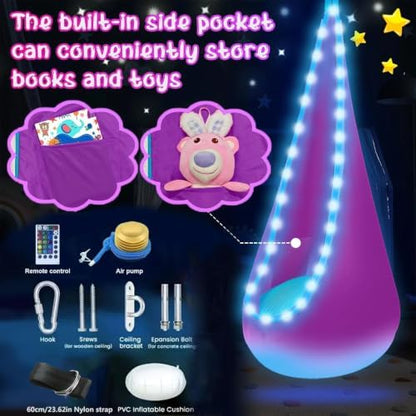 Light Up Kids Pod Swing, Indoor Outdoor Hammock Seat w/ LED Lights, Purple