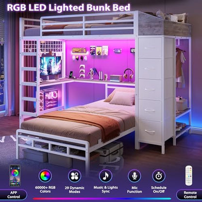 Bunk Bed Twin Over Twin with Hall Tree, Charging Station and LED Lights, L-Shaped Bunk Bed with Desk, 5 Storage Drawers, Twin Bunk Beds with Guardrail & Stairs, No Box Spring Needed, White