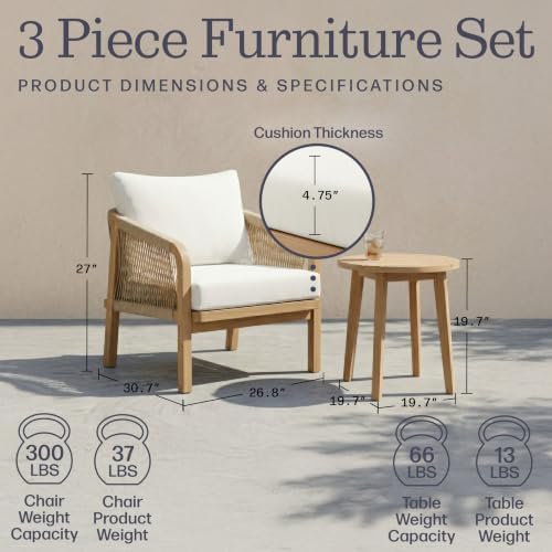 Alaterre Furniture Lusso 3 Piece Outdoor Patio Furniture Set - Weather-Resistant Eucalyptus Wood Patio Table and Chairs Set of 2 - Modern Outside Furniture Set for Porch, Deck, or Poolside (Natural)