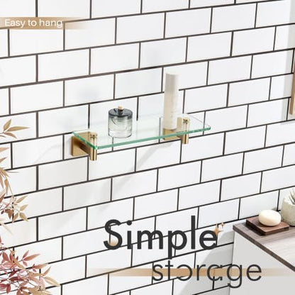KOKOSIRI Wall Shelves Bathroom Hardware Glass Floating Shelf 12-Inch for Bedroom, Living Room, Kitchen, Hanging Rack Champagne Bronze B1105CPG-L12