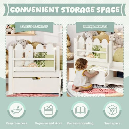 Bellemave Twin Size Platform Bed with Storage Drawers & Bookshelf for Boys Girls, Kids Twin Bed Frame with LED Lights & Stairs for Children's Room, Beige