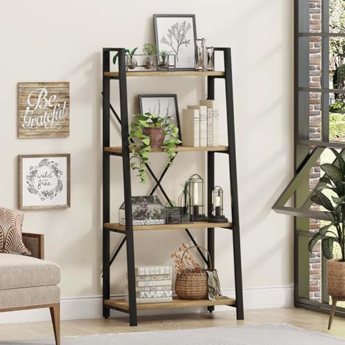Farmhouse Ladder Shelf Bookcase, 4 Tier Rustic Ladder Bookshelf, Standing Leaning Book Shelves for Living Room (Vintage Oak)