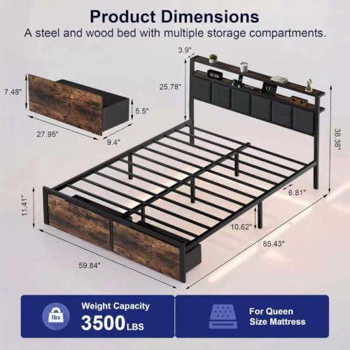 Queen Bed Frame with Storage Drawers, Upholstered Headboard with LED Lights and Charging Station, Metal Platform Bed with 2-Tier Storage Shelves, Noise Free, No Box Spring Needed