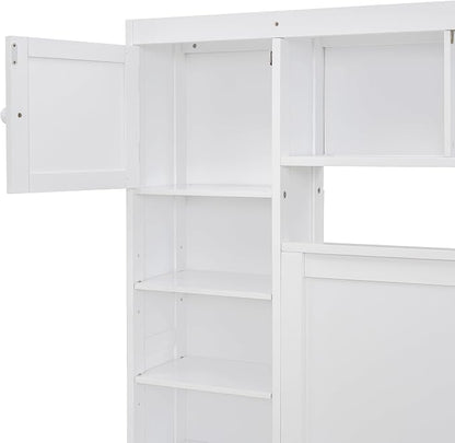 Merax Full Size Wooden Bed with All-in-One Cabinet, White Platform Bed Frame with 2 Drawers, Trundle and Sockets