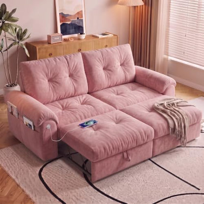 77" Convertible Queen Sofa Bed with USB Port & Side Pockets, Pink