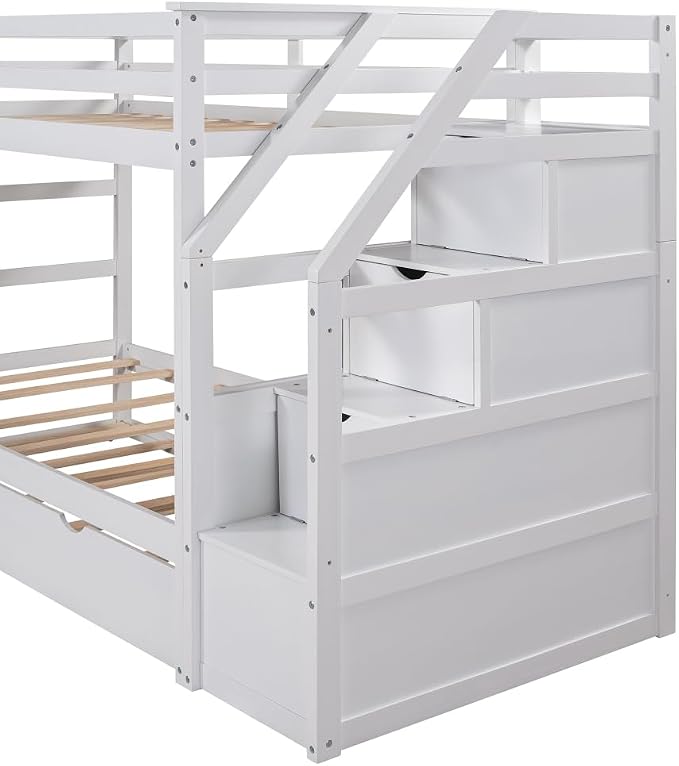 MERITLINE Twin Over Twin Bunk Beds with Trundle and Storage Box, Solid Wood Bunk Bed with Stairs and Storage Case for Teens Adults (White + Solid Wood)