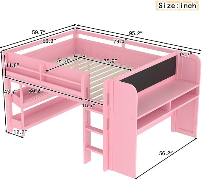 Bellemave Full Size Low loft Bed with Desk and bookcases, Boxes and Drawers for Kids,Wood Modern Farmhouse Kids Loft Bed with Shelf, Pink