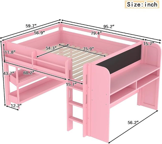 Bellemave Full Size Low loft Bed with Desk and bookcases, Boxes and Drawers for Kids,Wood Modern Farmhouse Kids Loft Bed with Shelf, Pink