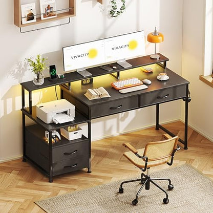 MUTUN 53" Computer Desk with 4 Drawers & Power Outlets, Reversible Home Office Desk with Monitor Stand & Printer Stand, Gaming Desk with Led Lights, Study Writing Work Desk Table for Bedroom (Black)