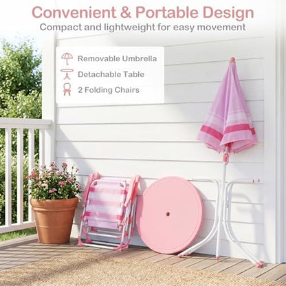 Olakids Kids Picnic Table, Outdoor Toddler Patio Furniture Set with 2 Folding Chairs Adjustable Foldable Umbrella for Garden Backyard Beach (Pink)