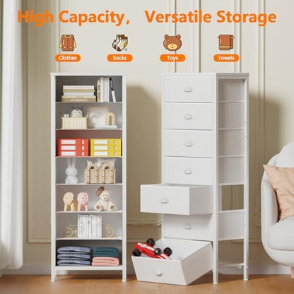 White Tall Dresser for Bedroom, Chest of Drawer with Fabric Drawer