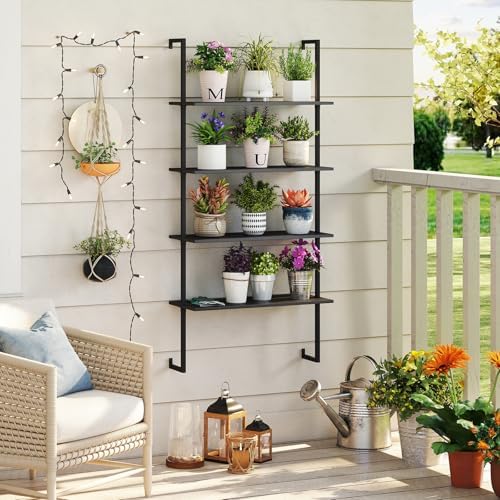 Tangkula 4-Tier Wall Mounted Bookshelf, Wooden Ladder Shelf, Black