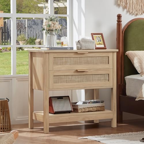LEYAOYAO 26.8" Wide Rattan Night Stand, Oversized Large Nightstand